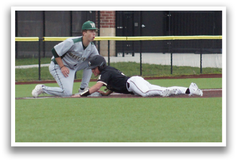 A baseball player slides into home plate. Description generated by AI