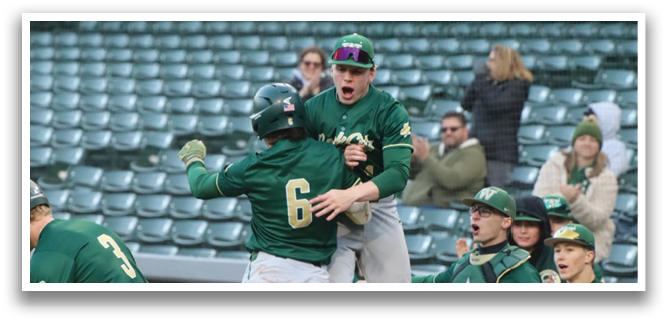 A group of baseball players celebrating a win. Description generated by AI