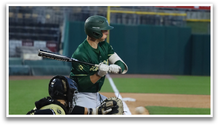 A baseball player is at home plate, holding a bat and getting ready to swing. Description generated by AI