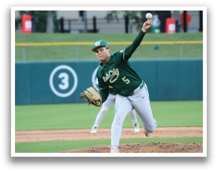 A baseball player in a green and white uniform is throwing a ball. Description generated by AI