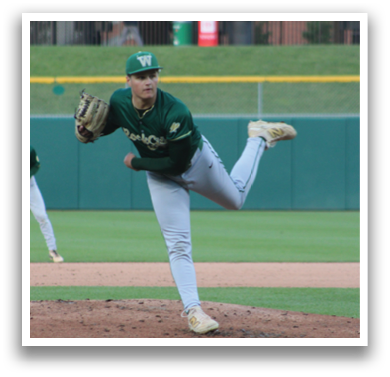 A baseball player in a green shirt and white pants is throwing a ball. Description generated by AI