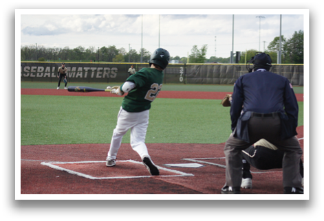 A baseball player is swinging a bat at a ball. Description generated by AI