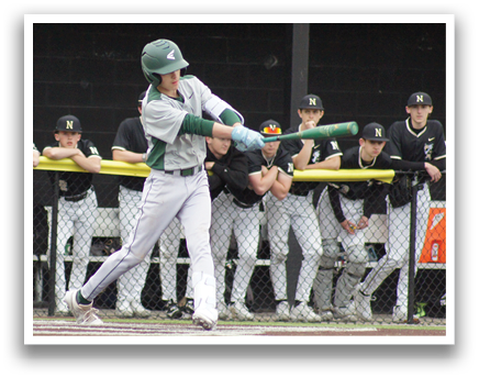 A baseball player is swinging a bat at a ball. Description generated by AI