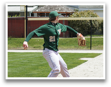 A baseball player in a green and white uniform is pitching a ball. Description generated by AI