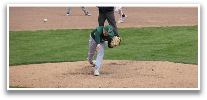 A baseball player in a green shirt and white pants is pitching a ball. Description generated by AI