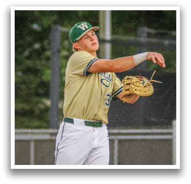 A baseball player in a green and gold uniform is throwing a ball. Description generated by AI