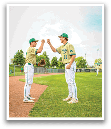 Two baseball players shaking hands. Description generated by AI