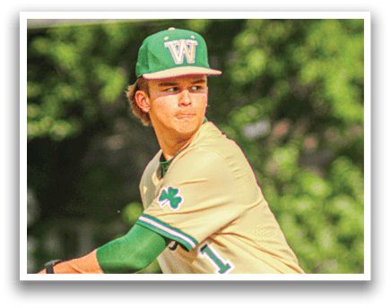 A baseball player in a green and white uniform is pitching a ball. Description generated by AI