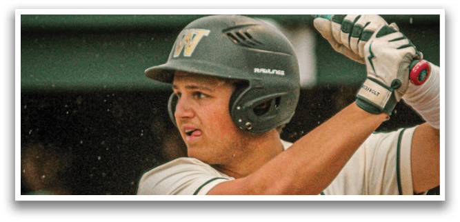 A baseball player wearing a green and white uniform is swinging a bat. Description generated by AI