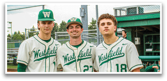 Three baseball players wearing white uniforms and green and white caps. Description generated by AI