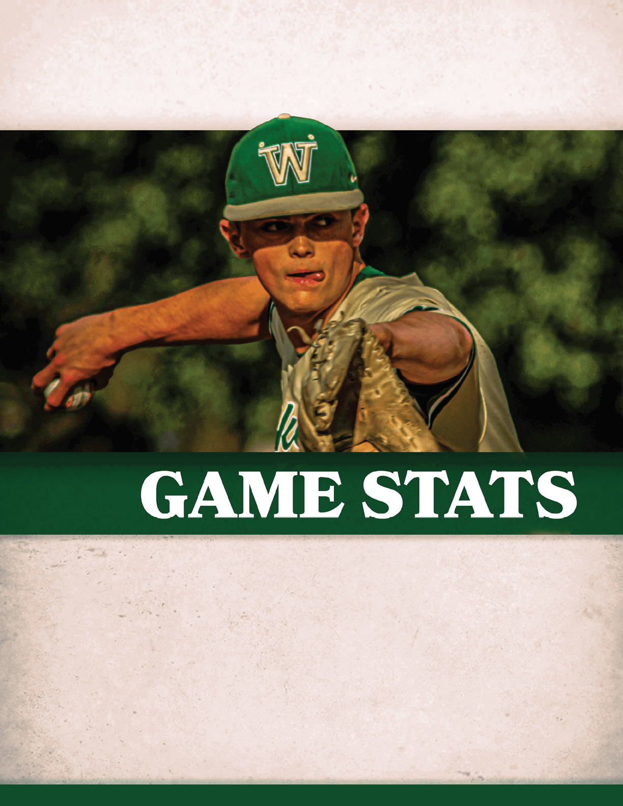 A baseball player wearing a green and white hat. Description generated by AI