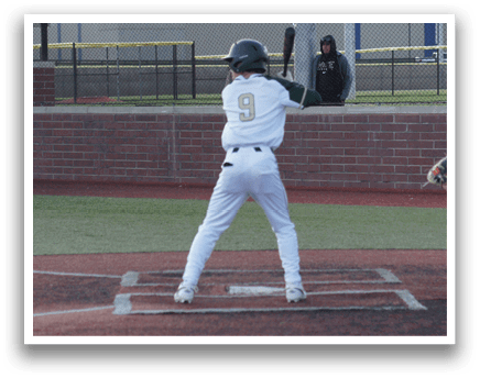 A baseball player is swinging a bat at a ball. Description generated by AI