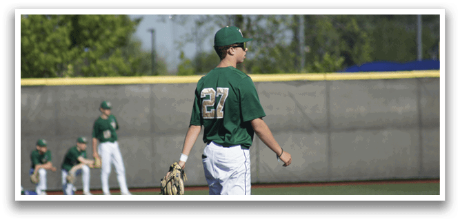A baseball player wearing a catcher's mitt. Description generated by AI