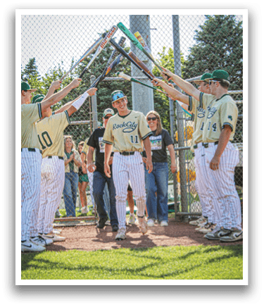 Two baseball players shaking hands. Description generated by AI