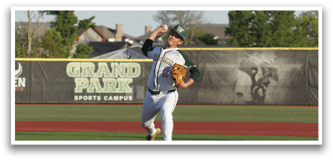 A baseball player wearing a green shirt and white pants is throwing a ball. Description generated by AI