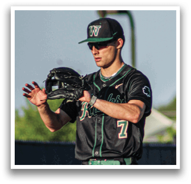 A baseball player in a green and gold uniform is throwing a ball. Description generated by AI