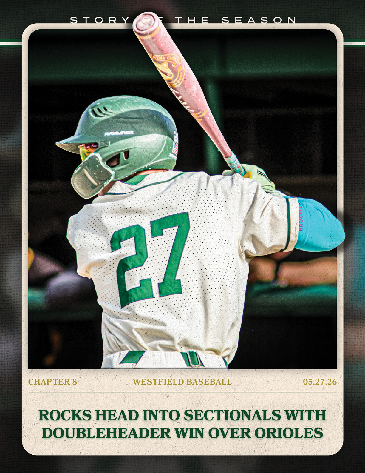 A baseball player holding a bat. Description generated by AI