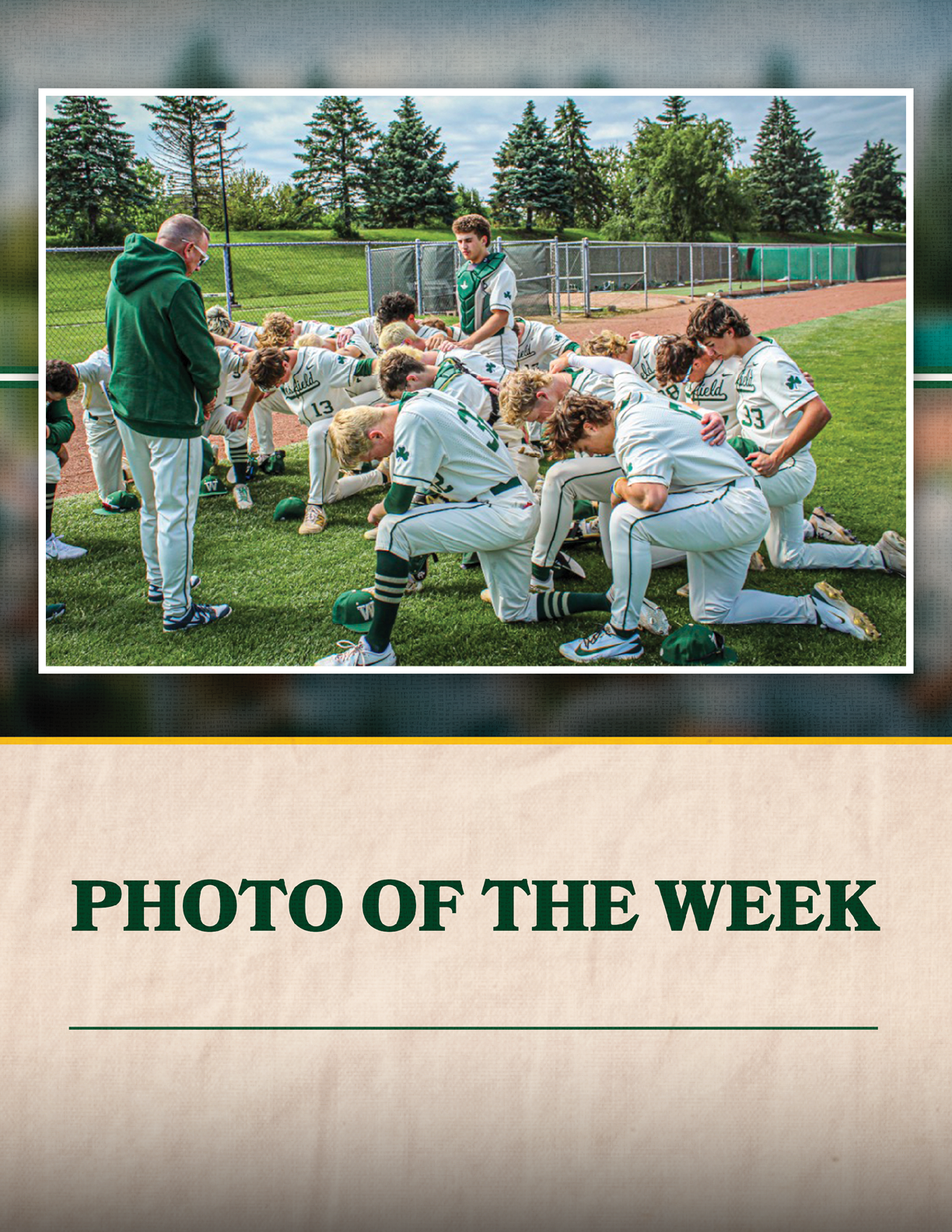 A group of baseball players kneeling on the field. Description generated by AI