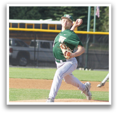 A baseball player in a green shirt and white pants is pitching a ball. Description generated by AI
