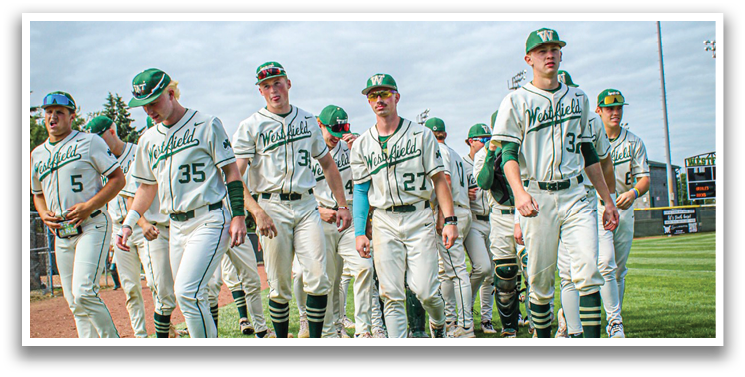 A group of baseball players walking on the field. Description generated by AI