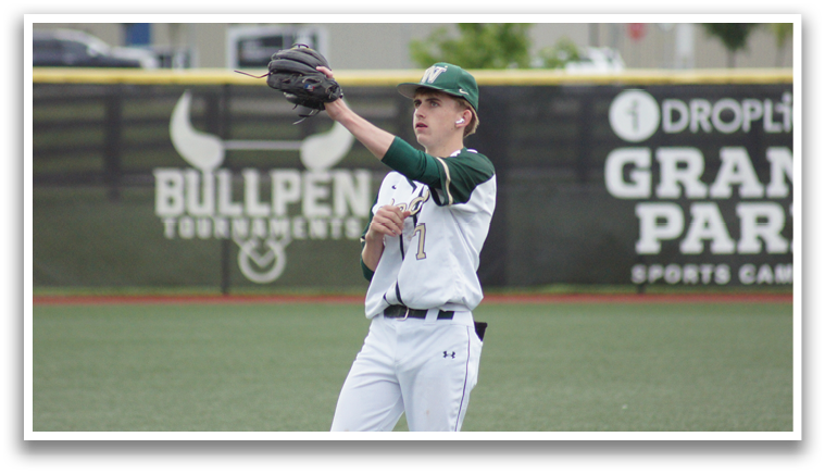 A baseball player wearing a green hat and white uniform is throwing a ball. Description generated by AI