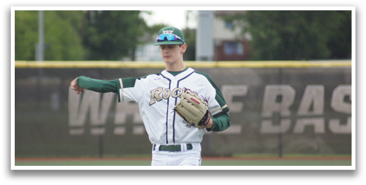 A man wearing a baseball uniform and sunglasses. Description generated by AI