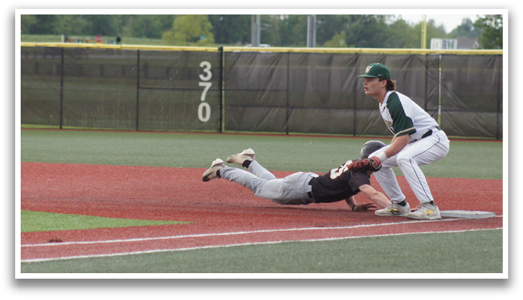 A baseball player slides into a base. Description generated by AI