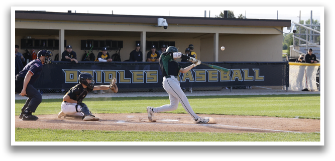 A baseball player is swinging a bat at a ball. Description generated by AI