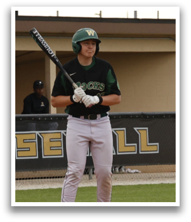 A baseball player in a green helmet and black uniform holding a bat. Description generated by AI
