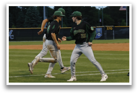 A baseball player wearing a green hat and black shirt. Description generated by AI