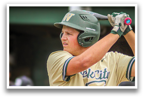 A baseball player wearing a green and white uniform. Description generated by AI
