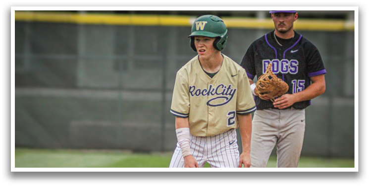A baseball player wearing a green helmet and a gold shirt. Description generated by AI