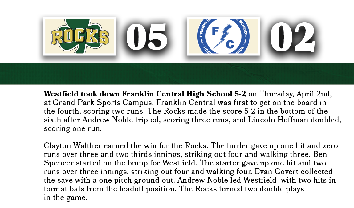 02,05,,Westfield took down Franklin Central High School 5-2 on Thursday, April 2nd, at Grand Park Sports Campus. Fran...