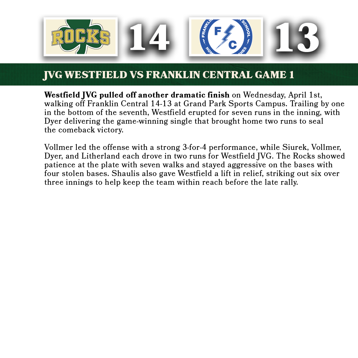 13,14,jvg WESTFIELD VS franklin central game 1,Westfield JVG pulled off another dramatic finish on Wednesday, April 1...