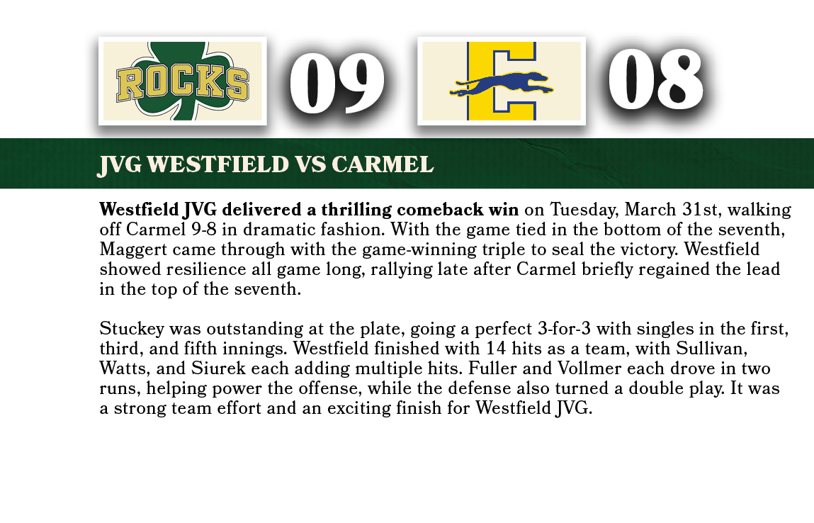 08,09,JVG WESTFIELD VS carmel,Westfield JVG delivered a thrilling comeback win on Tuesday, March 31st, walking off Ca...