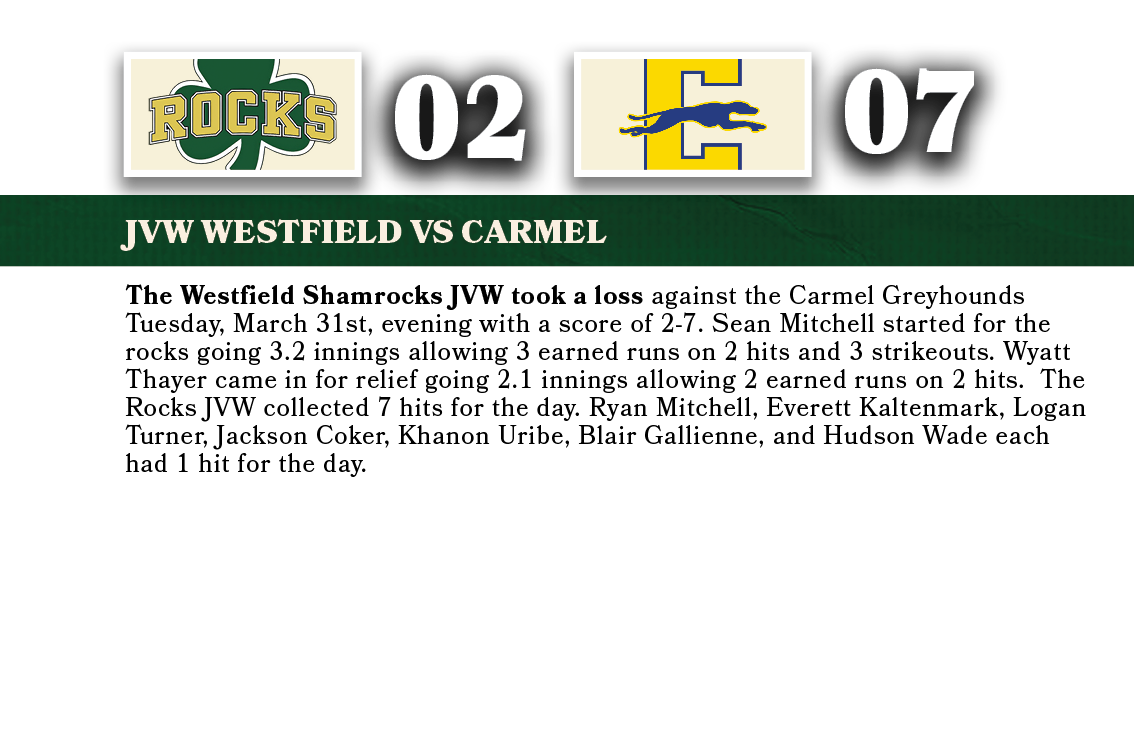 07,02,JVw WESTFIELD VS carmel,The Westfield Shamrocks JVW took a loss against the Carmel Greyhounds Tuesday, March 31...