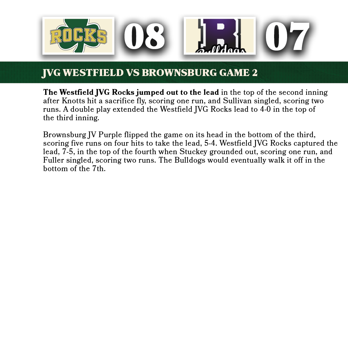 07,08,jvg WESTFIELD VS brownsburg game 2,The Westfield JVG Rocks jumped out to the lead in the top of the second inni...