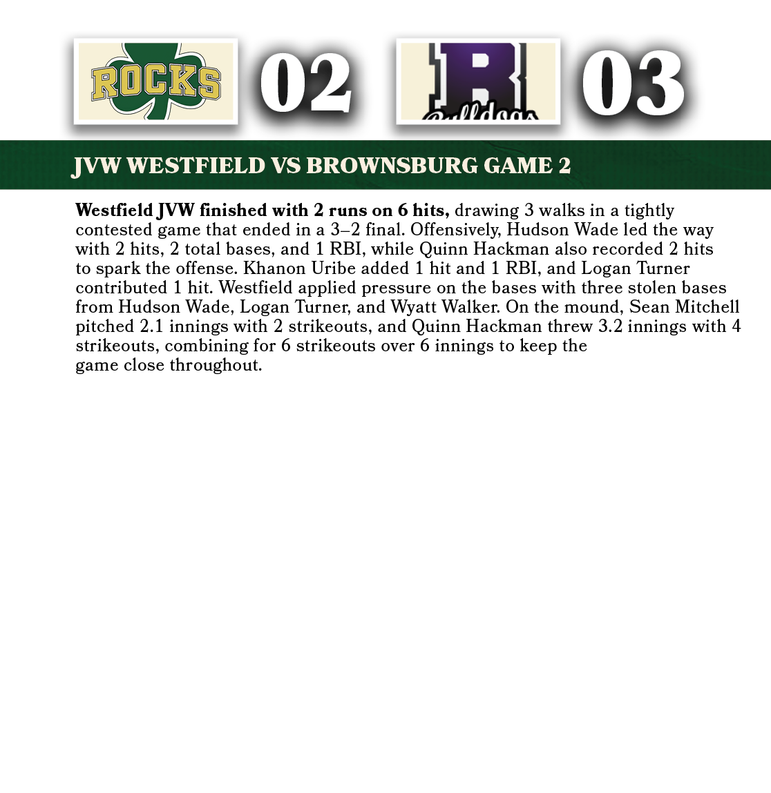 03,02,jvw WESTFIELD VS brownsburg game 2,Westfield JVW finished with 2 runs on 6 hits, drawing 3 walks in a tightly c...