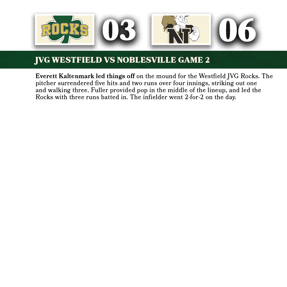 06,03,jvg WESTFIELD VS noblesville game 2,Everett Kaltenmark led things off on the mound for the Westfield JVG Rocks....