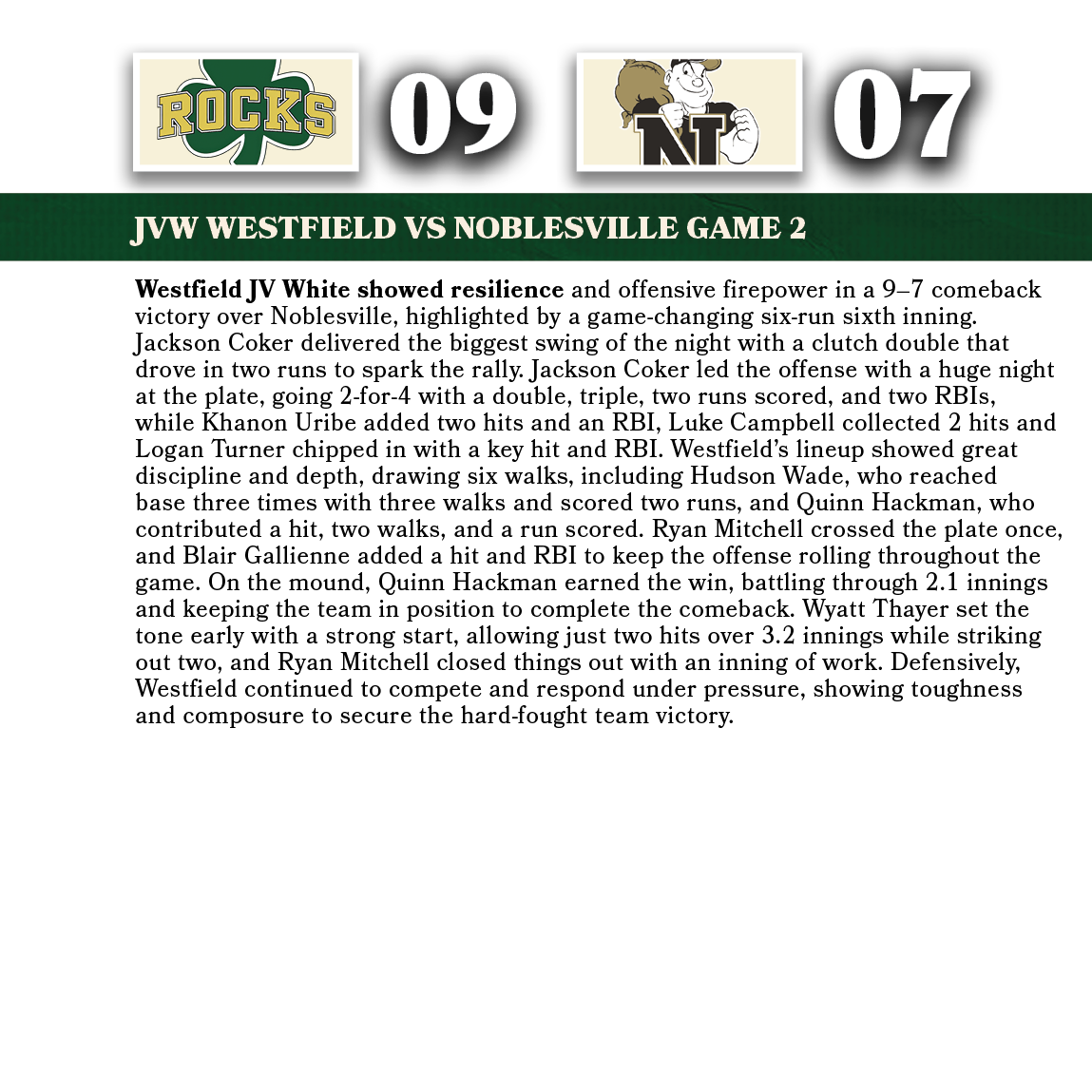 07,09,jvw WESTFIELD VS noblesville game 2,Westfield JV White showed resilience and offensive firepower in a 9–7 comeb...