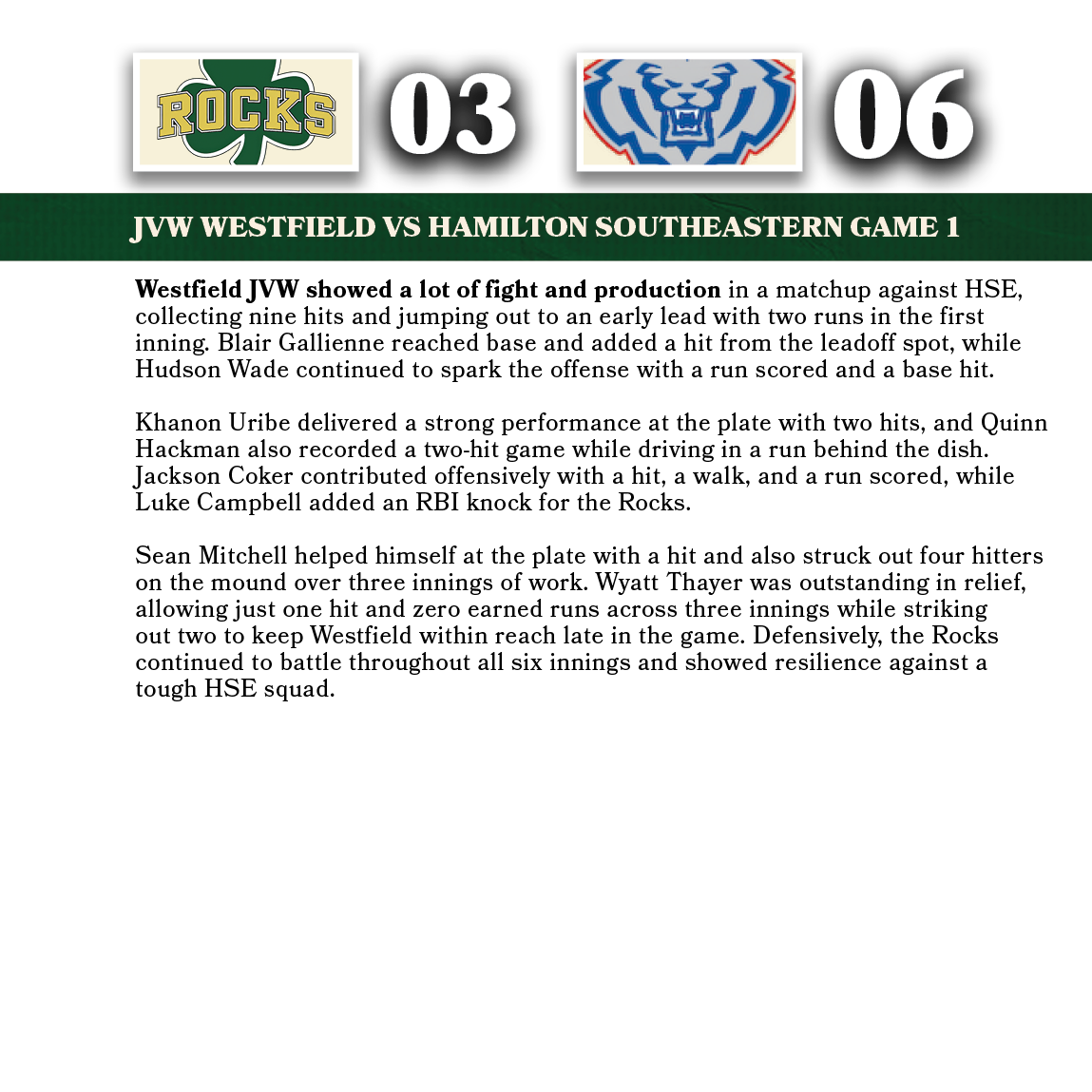 06,03,jvw WESTFIELD VS hamilton southeastern game 1,Westfield JVW showed a lot of fight and production in a matchup a...