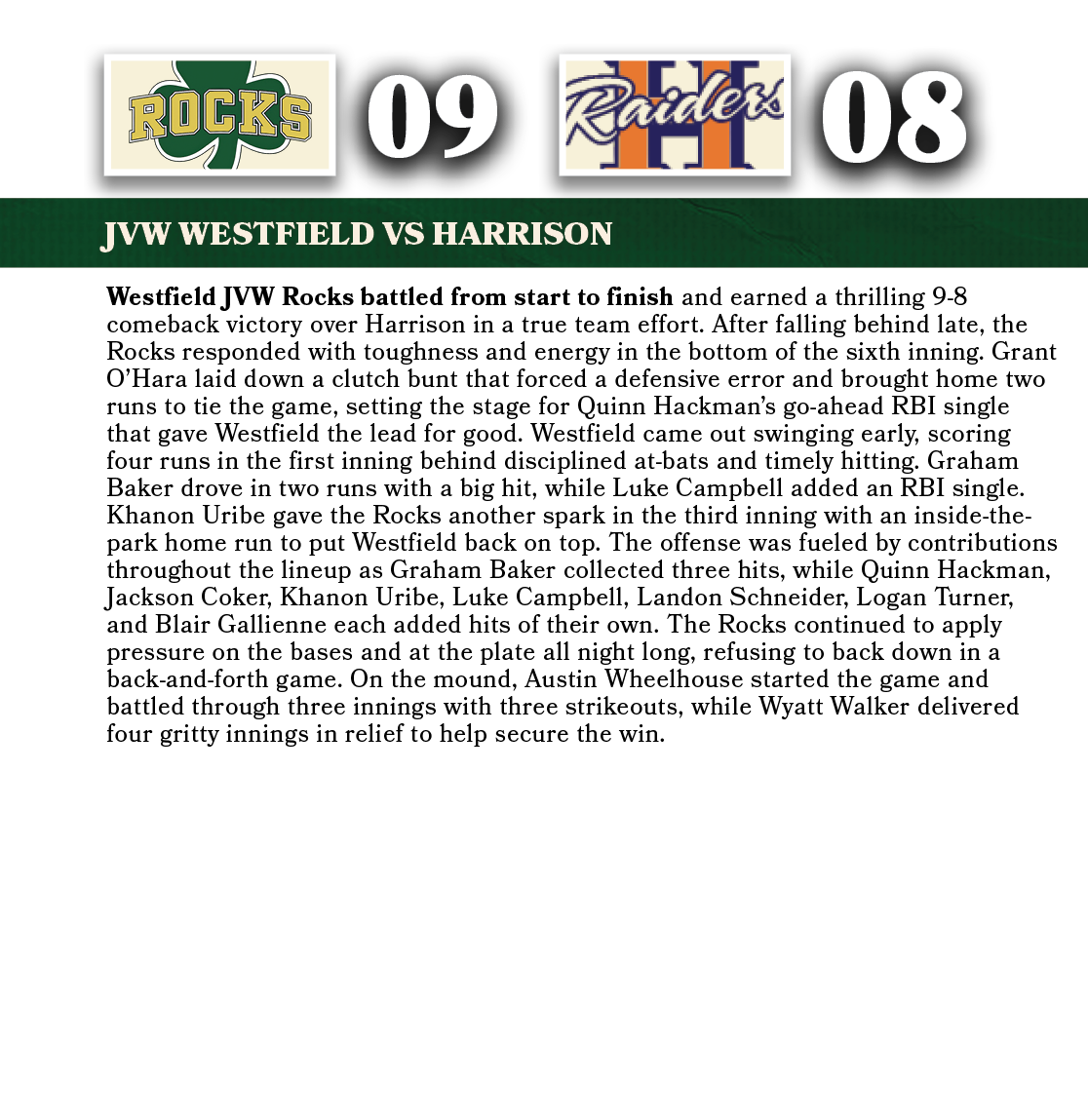 08,09,jvw WESTFIELD VS harrison,Westfield JVW Rocks battled from start to finish and earned a thrilling 9-8 comeback ...