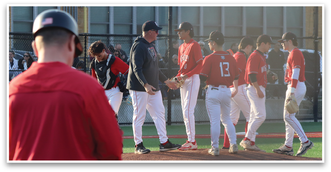 Baseball players in red uniforms shake hands with each other on the field. AI generated content