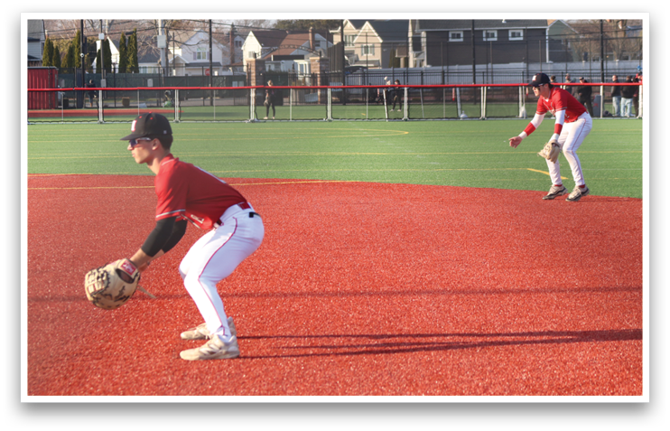 Two baseball players are on the field, one is crouching and the other is standing. AI generated content