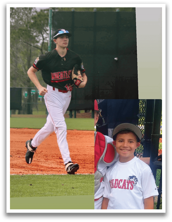 A boy wearing a baseball uniform and a boy wearing a white shirt with a cat logo. Description generated by AI