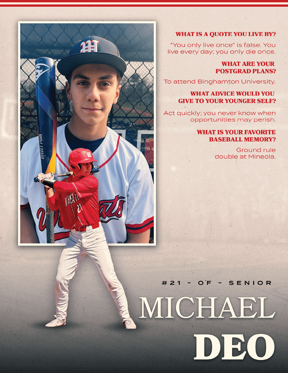 A baseball player wearing a red jersey and white pants. Description generated by AI