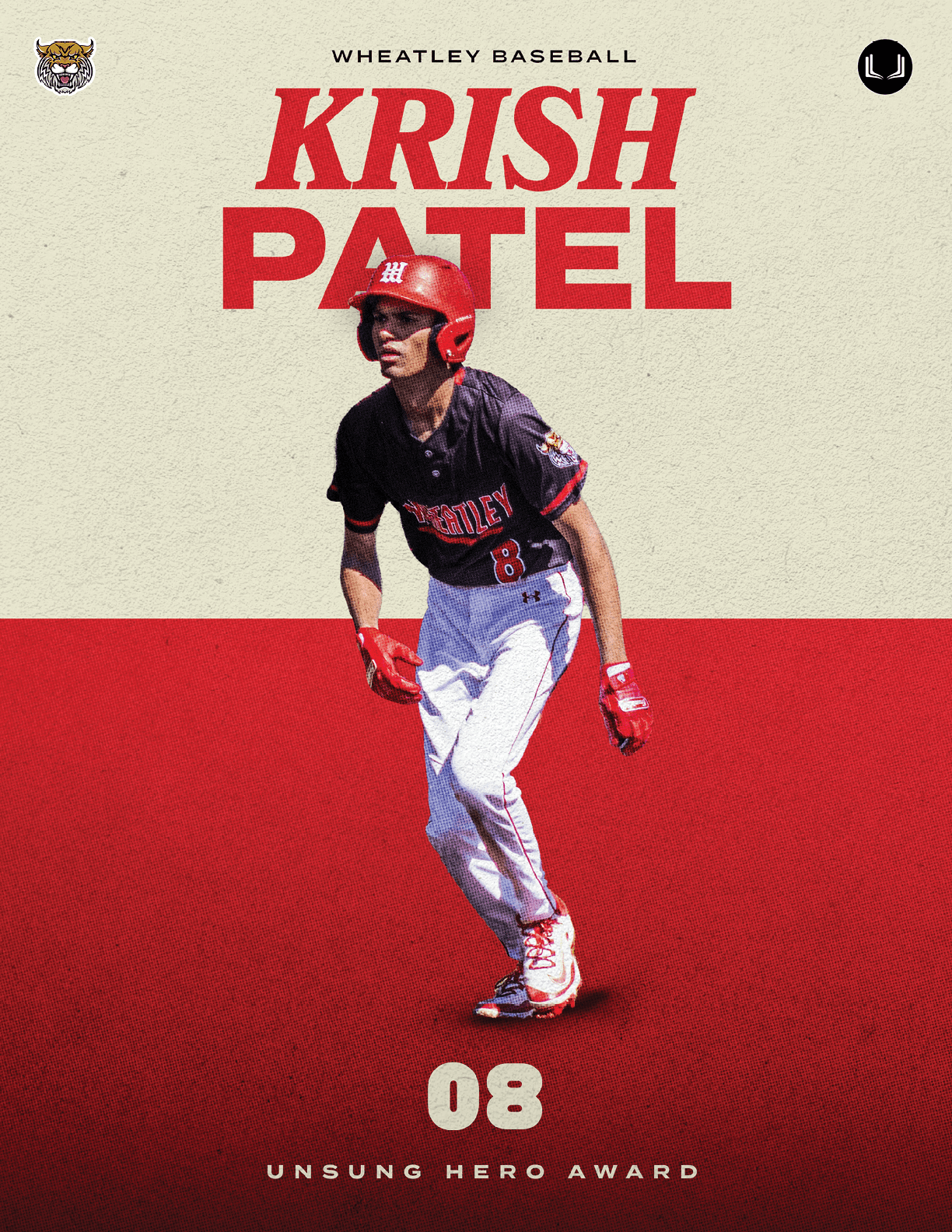 A baseball player in a red helmet and black jersey. Description generated by AI