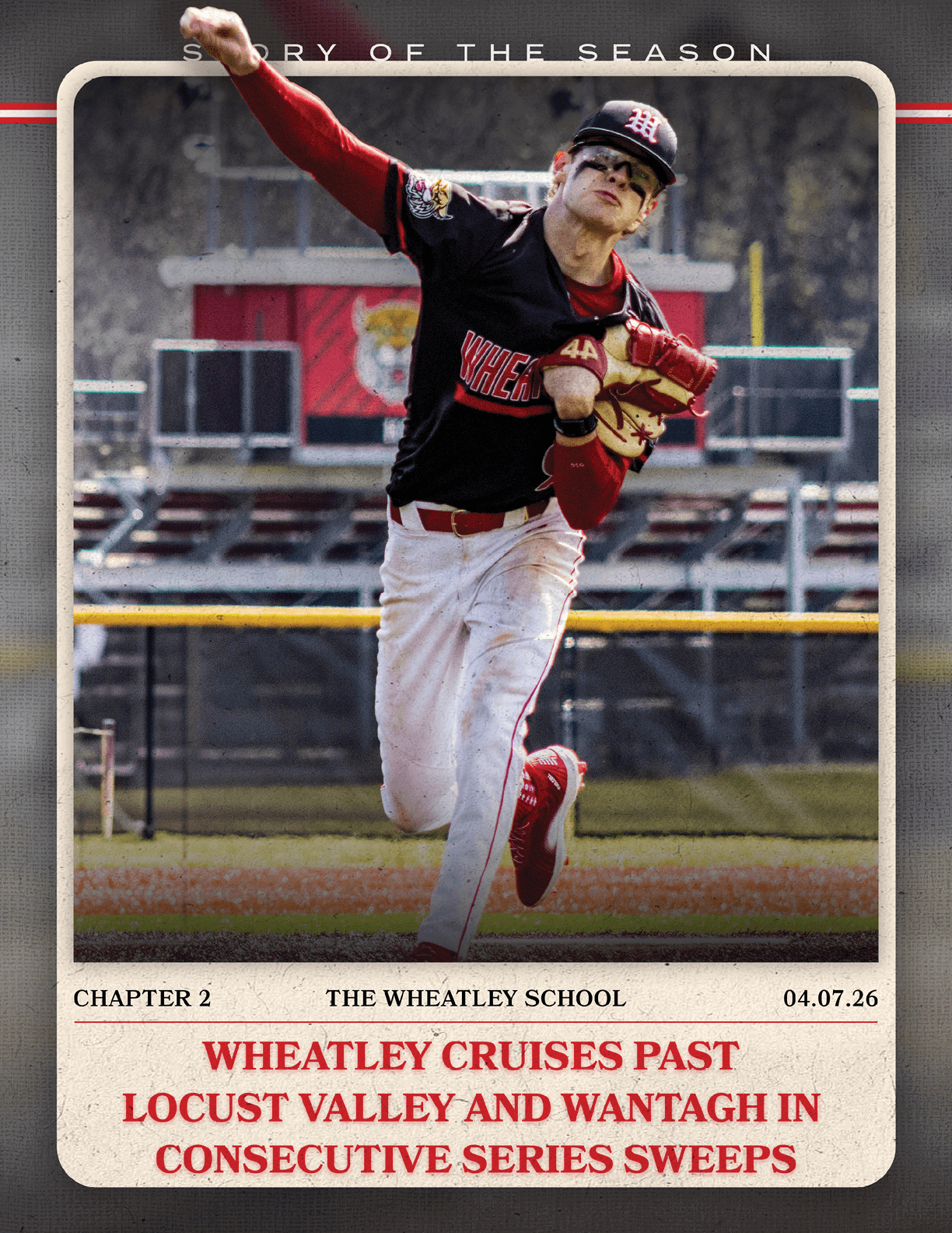 A baseball player wearing a black and red shirt and red shoes. Description generated by AI