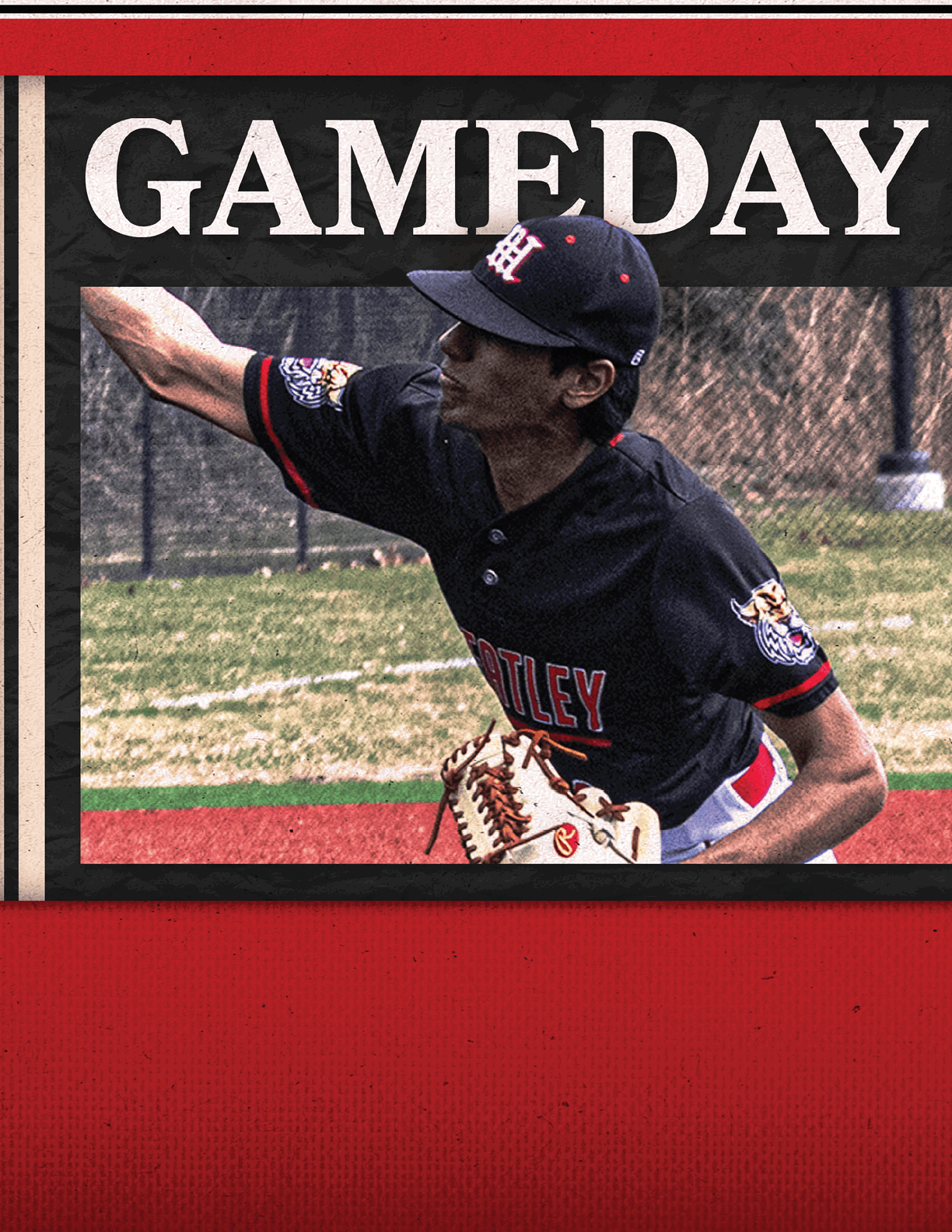A baseball player wearing a black and red jersey. Description generated by AI