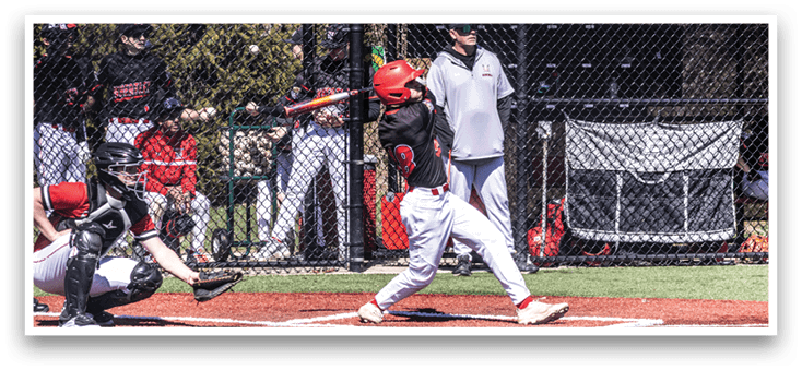 A baseball player is swinging a bat at a ball. Description generated by AI